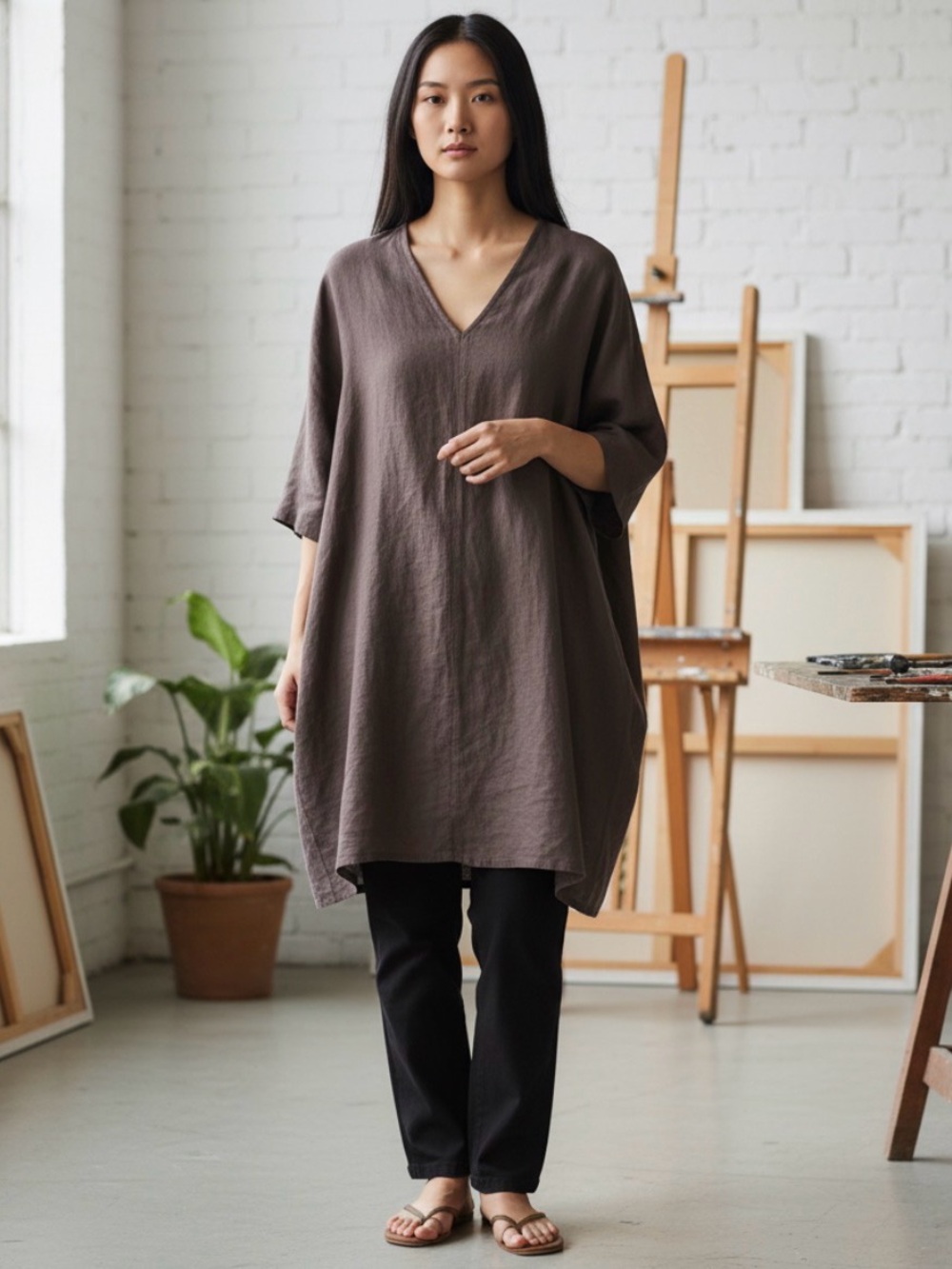 Bryn Walker Linen Dress Oversized XXS Brown 3/4 Sleeve Lagenlook Boho V-Neck